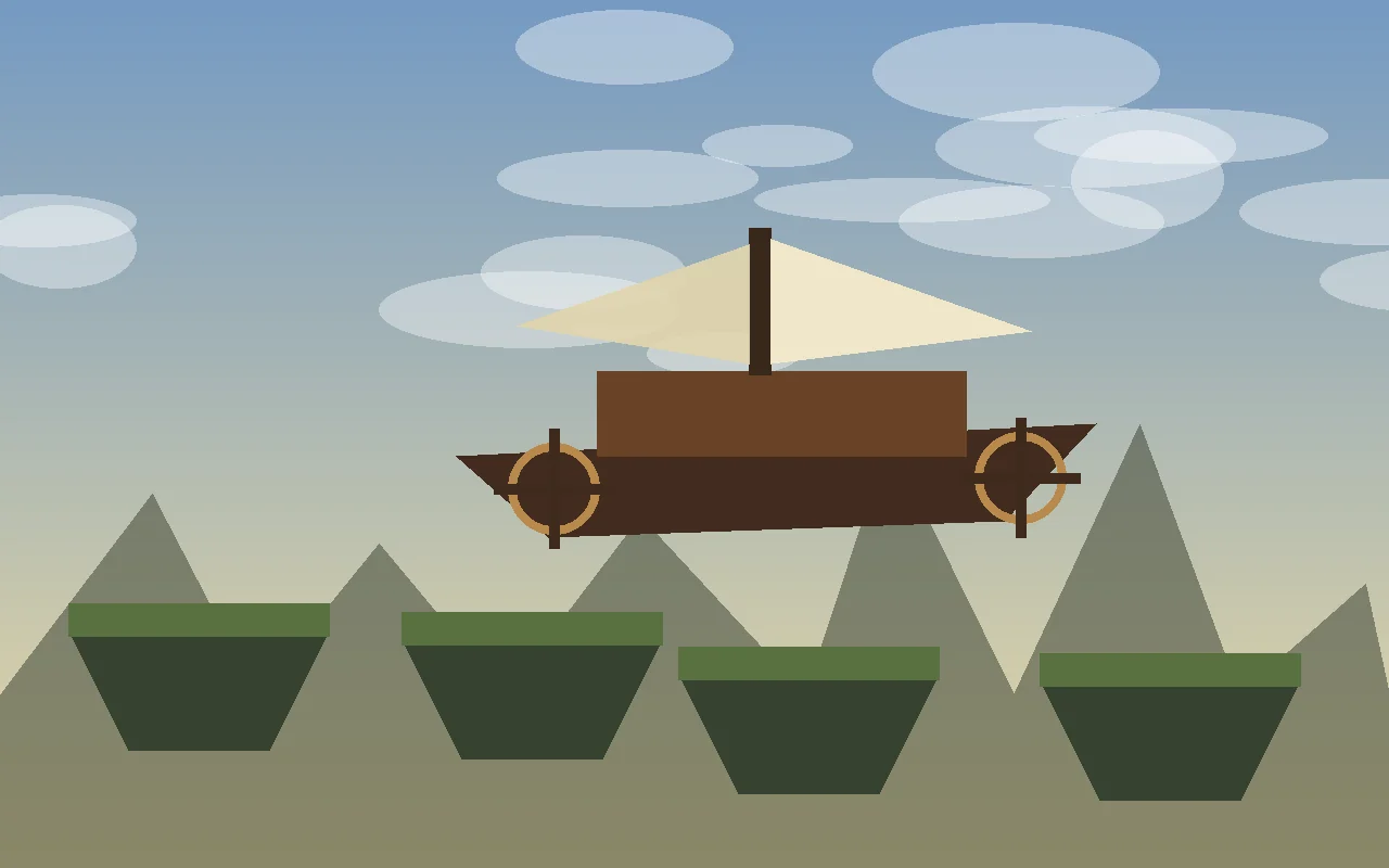 Voxel-style airship above floating Minecraft-inspired terrain